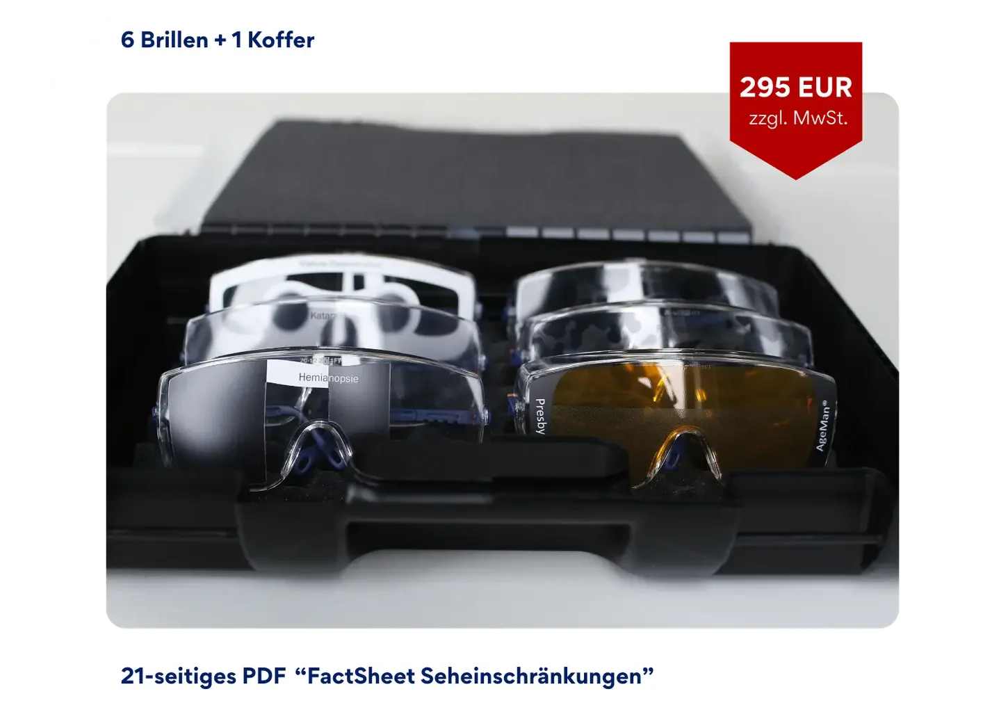 Aging Glasses Simulationsbrillen -Seheinschränkungen, Simulation von Sehbehinderung durch Augenerkrankungen: Hemiparese, Presbyopie, Altersbedingte Makula Degeneration, Glaukom, Katarakt, Retinopathie